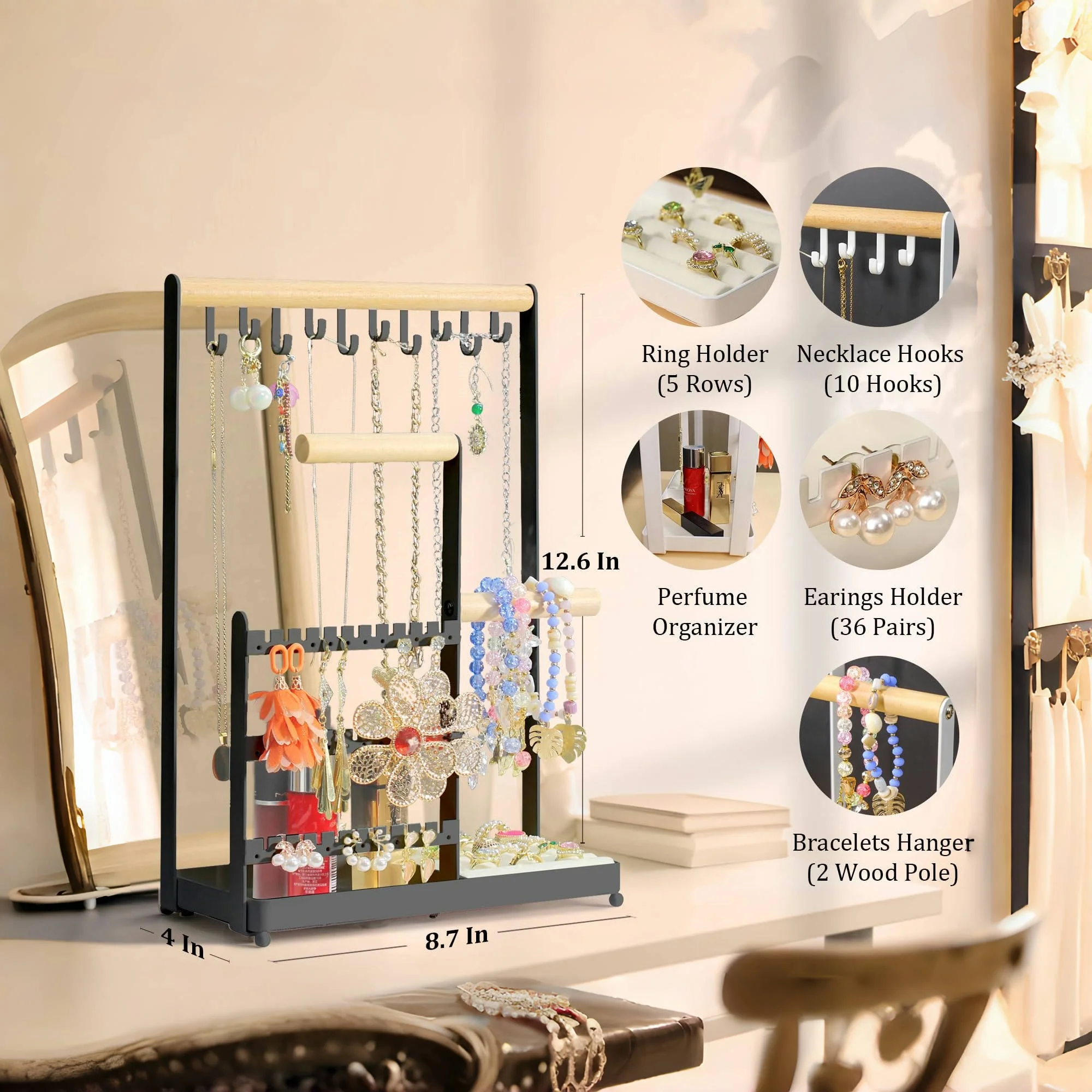 Jewelry Holder Necklace Hanging Stand Velvet Ring Organizer Earring Tray  Hooks Storage Rack