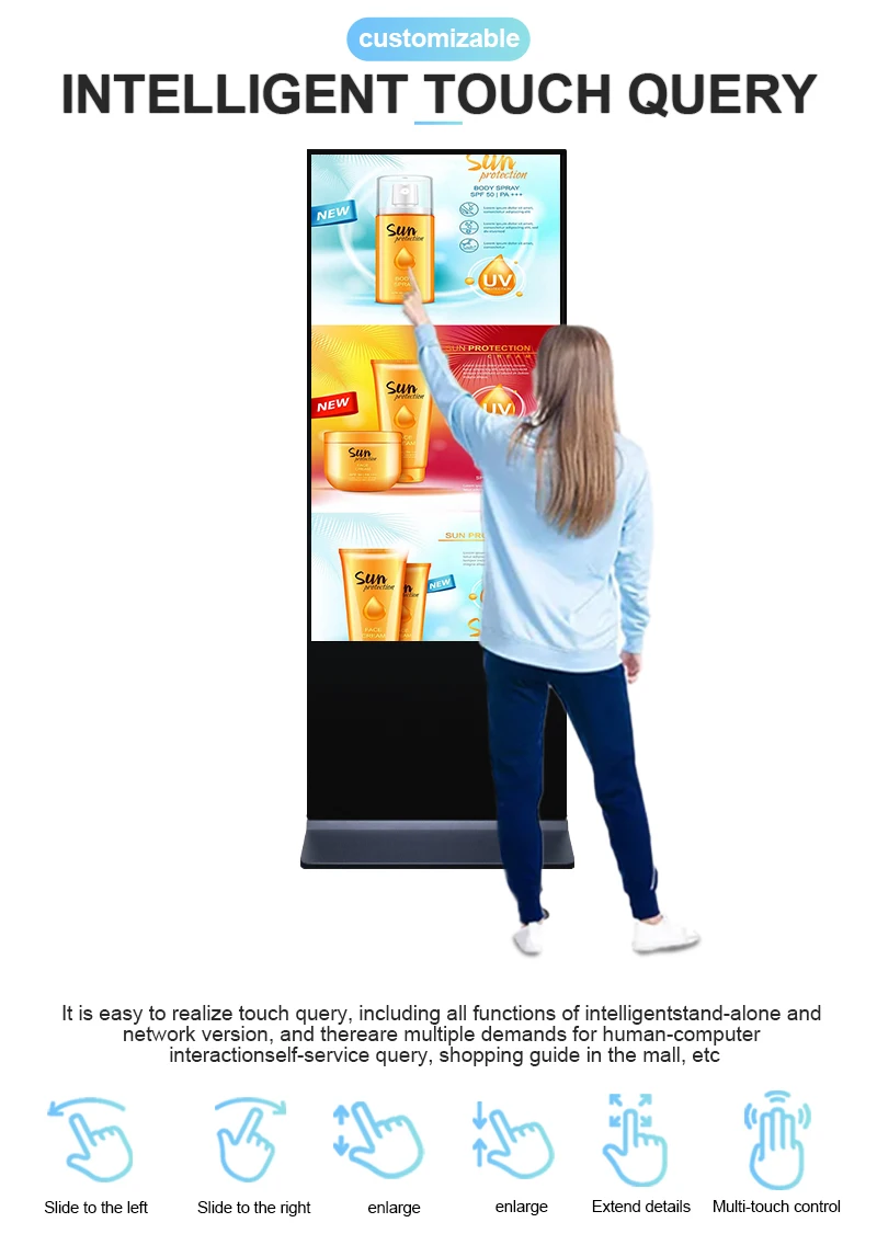 Qunmao Popular Products 32 43 49 55 Inch Floor Standing Indoor Advertising Display with Camera for Mall Store Advertising Show