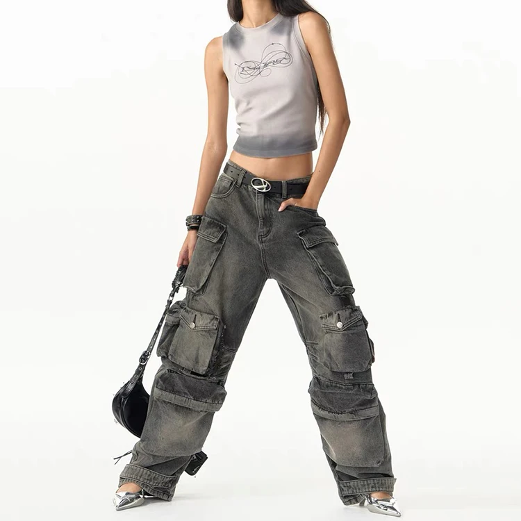 custom Logo OEM ODM baggy loose cargo jeans men with multi pockets distressed washed jeans men denim cargo pants