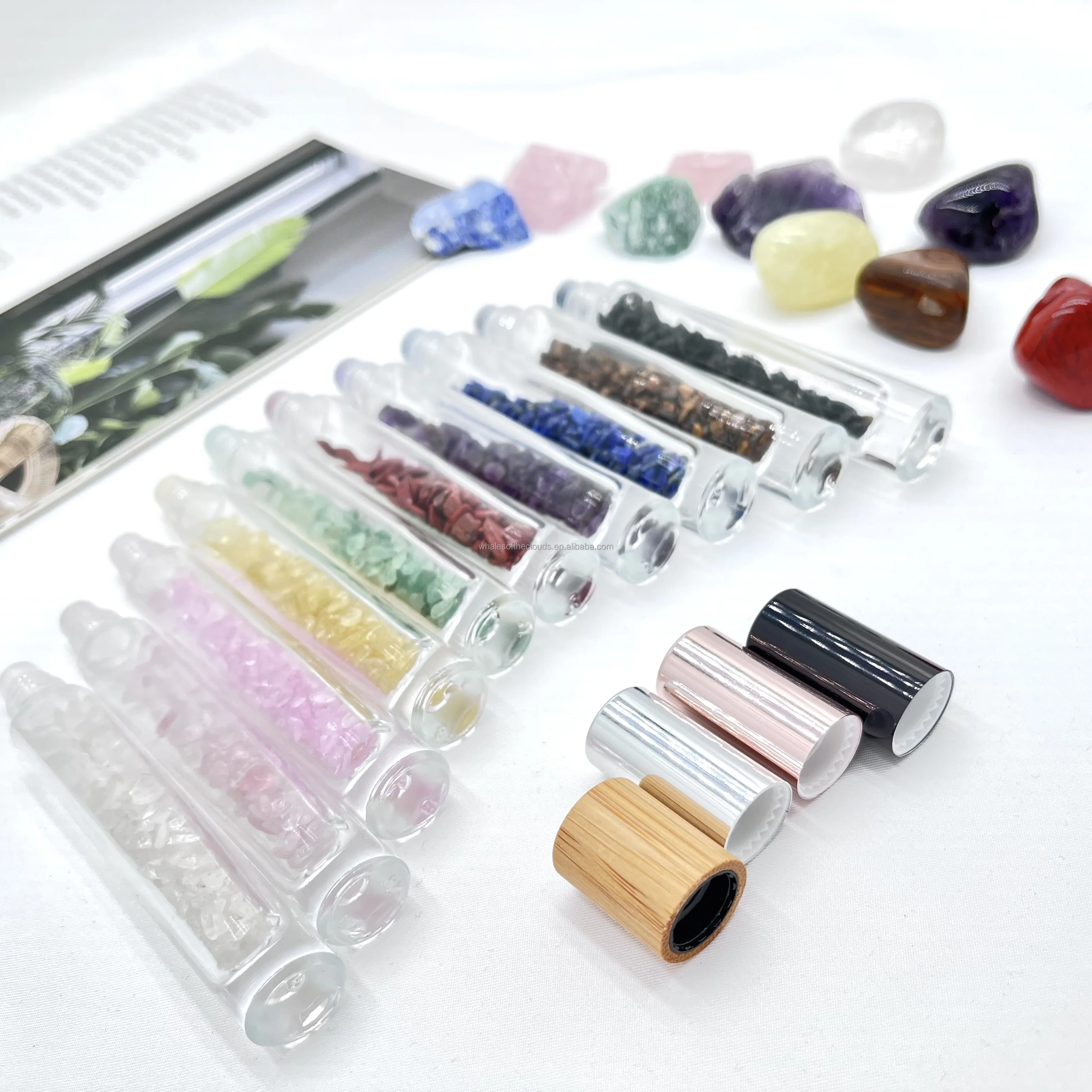 Travel Refillable Perfume Roll On Bottle With Natural Pure Raw Gemstone Crystal Chips Inside Glass
