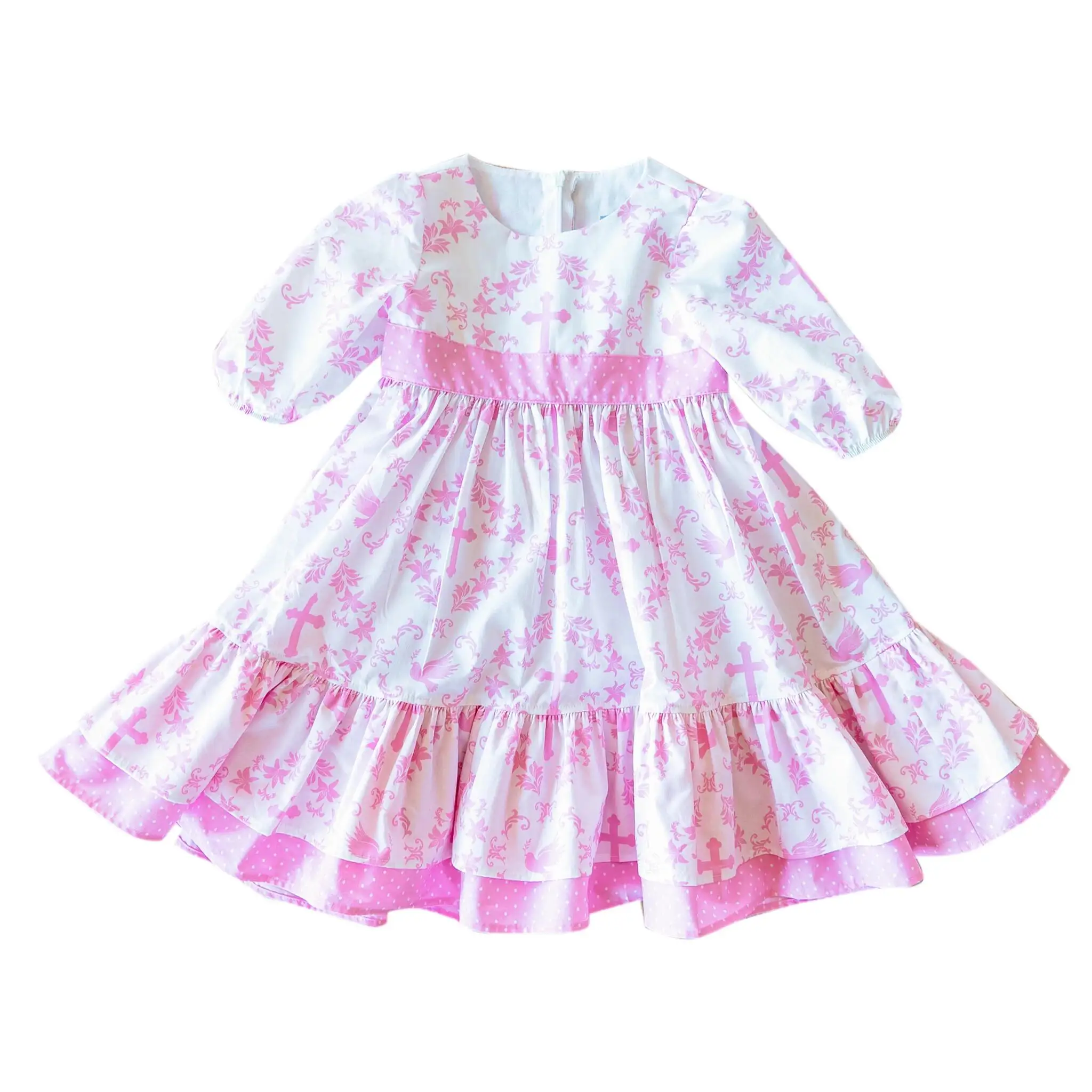 2022 Easter print new girl cute pink baby girl dress small flying sleeves ruffle hem kids dresses for girls
