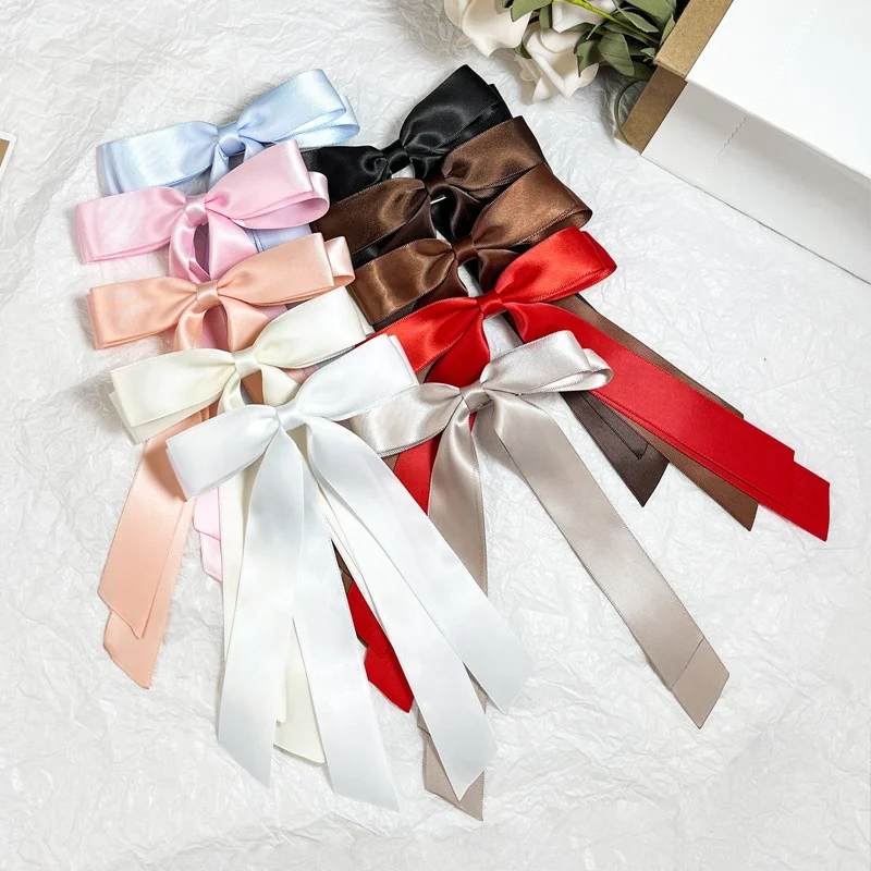 E-Magic Shinny Satin Hair Bow Long Ribbon Double Layer Big Bow Hair Clip Hair Accessories Barrettes Hairclips Silk Satin