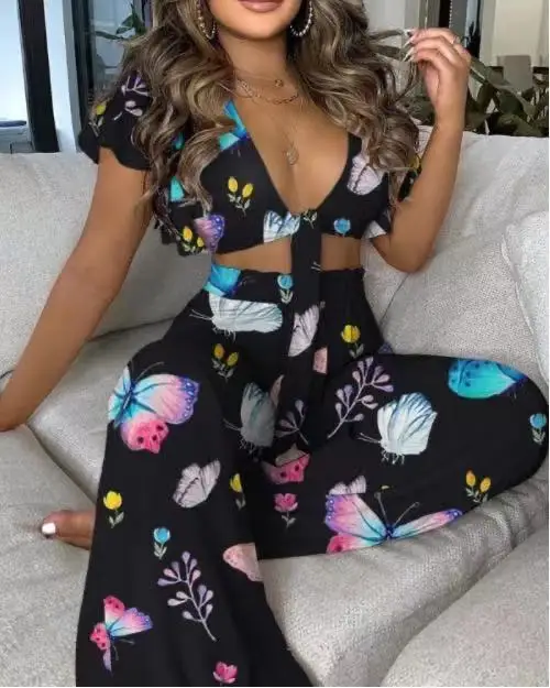 
Autumn and summer wholesale fashion ladies fashion tops and pants 2-piece set ladies sexy clothes pajamas set 