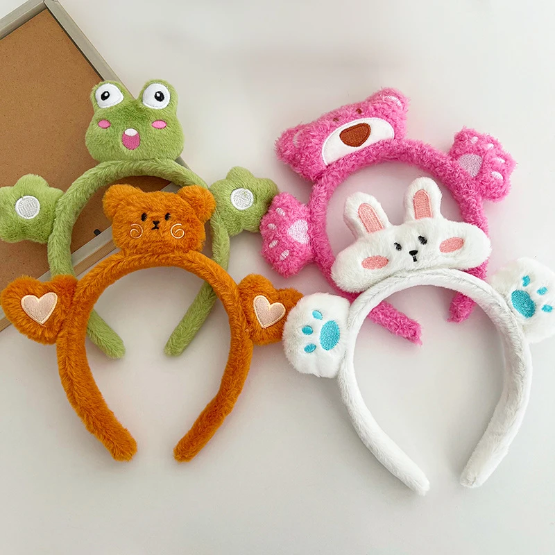 Fluffy Fabric Cartoon Sweet Hair Bands For Women Panda Cute Rabbit Embroidery Hairbands Frog Decorative Velvet Hair Accessories