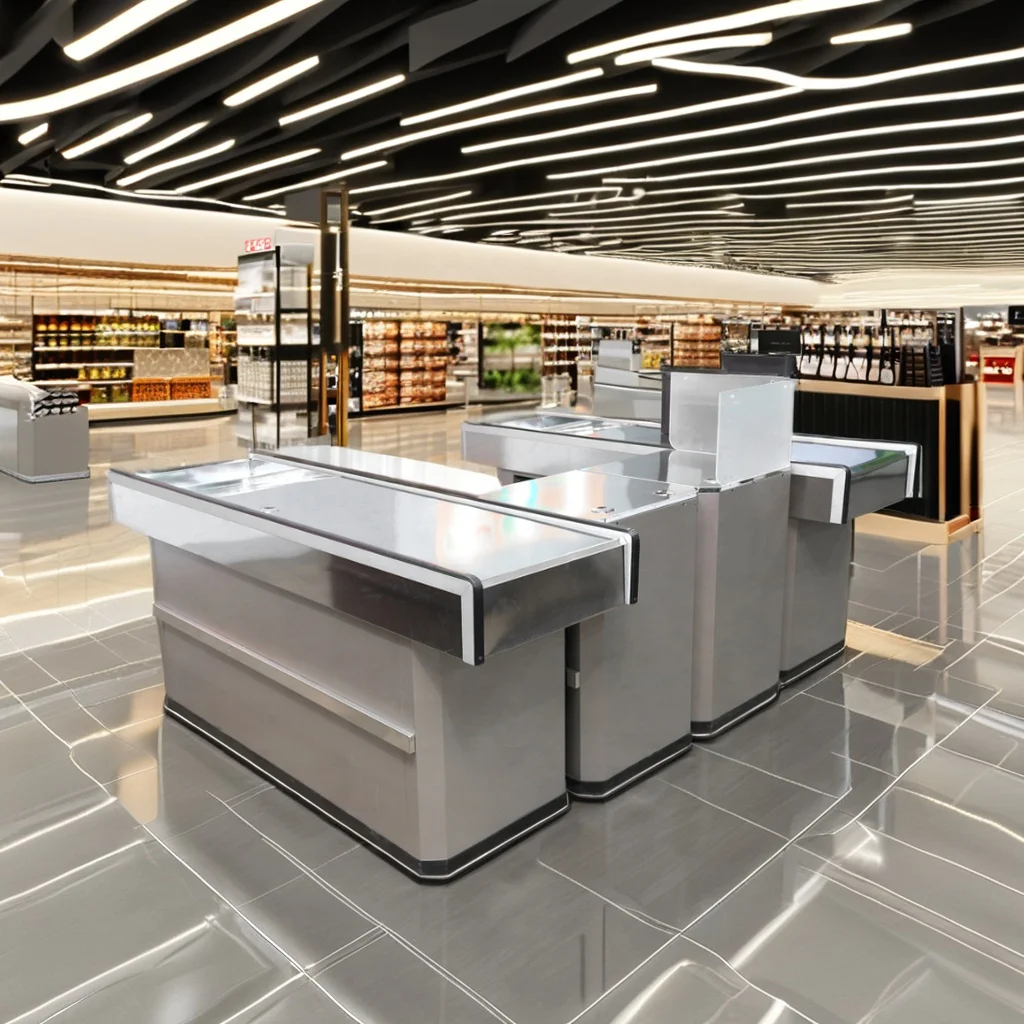 Wholesale multifunctional Supermarket Design Pos Cash Register Desk Retail Store Checkout Counter For Sale