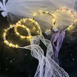 Lace Ribbon Veil Luminous Hair Bands Fairy Lights Light up Headband Female Tie Pearl Headdress Glow Wedding Party Christmas