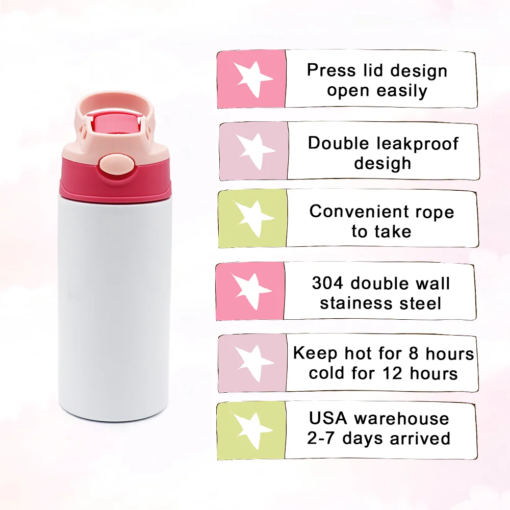 US warehouse 12oz 350ml Sublimation kids Cup Stainless Steel Flip Top straight Water Bottle Kids sublimation tumbler