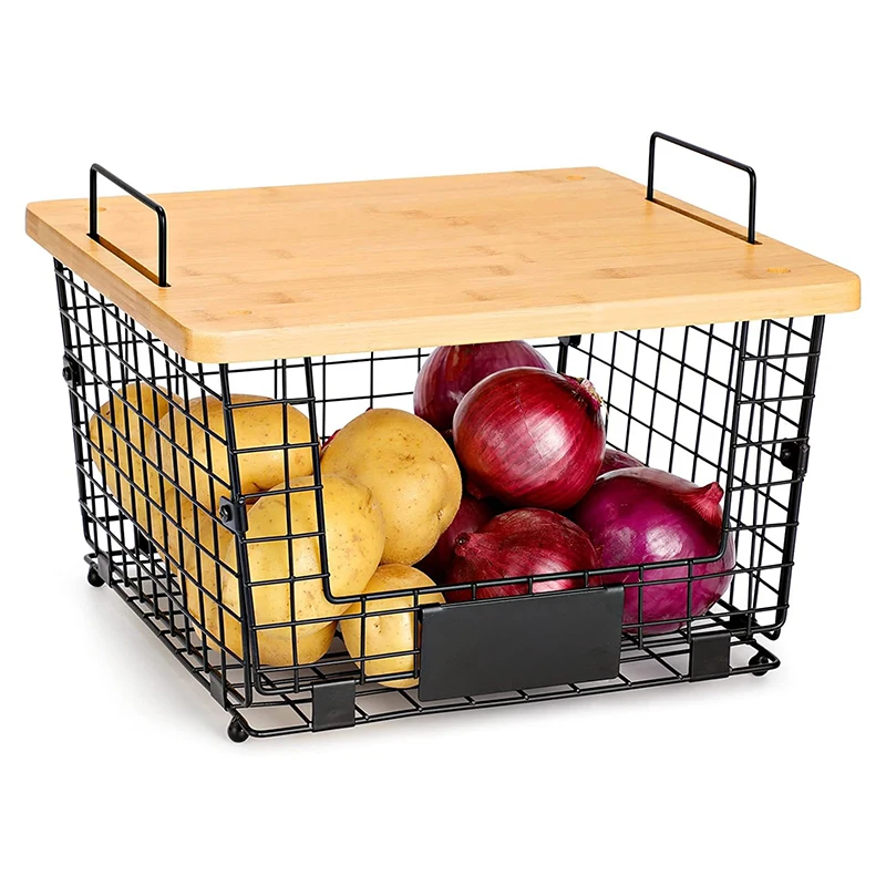 Hot Sales Fruit Vegetable Storage Wire Organizing Basket 2 Set Stackable Kitchen Counter Basket with Bamboo