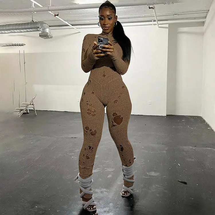 Autumn And Winter Tight Long Sleeve Jumpsuit New Fashion Ripped Back Strap Woolen Knitted Jumpsuits, Playsuits