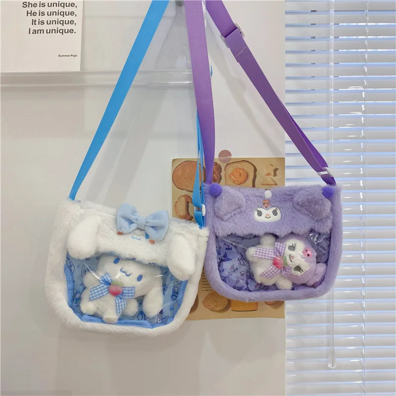 Summer new cute Sanrioed transparent diagonal bag versatile plush cartoon puppy kitty girl storage shoulder bag