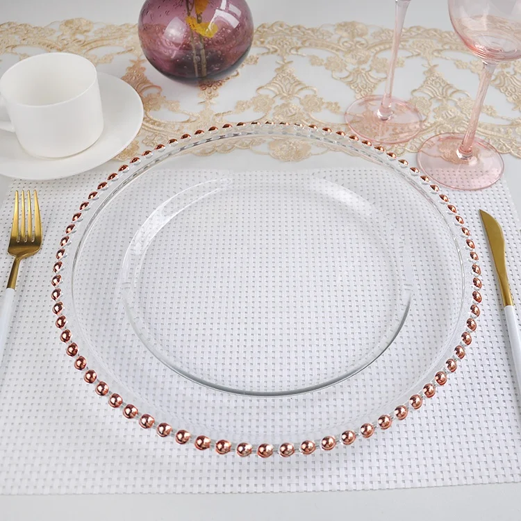 Fashionable crystal under plate rose gold with beaded rim glass charger plates wedding decoration