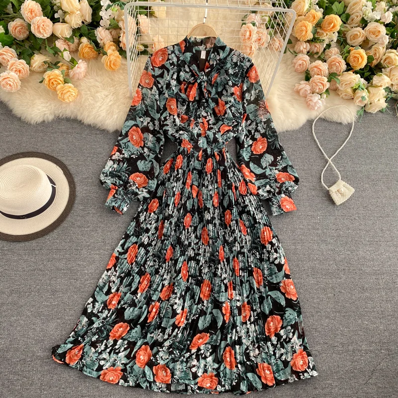 Wholesale Spring Fall Women Long Sleeve Printing Maxi Casual Pleats Dresses For Ladies