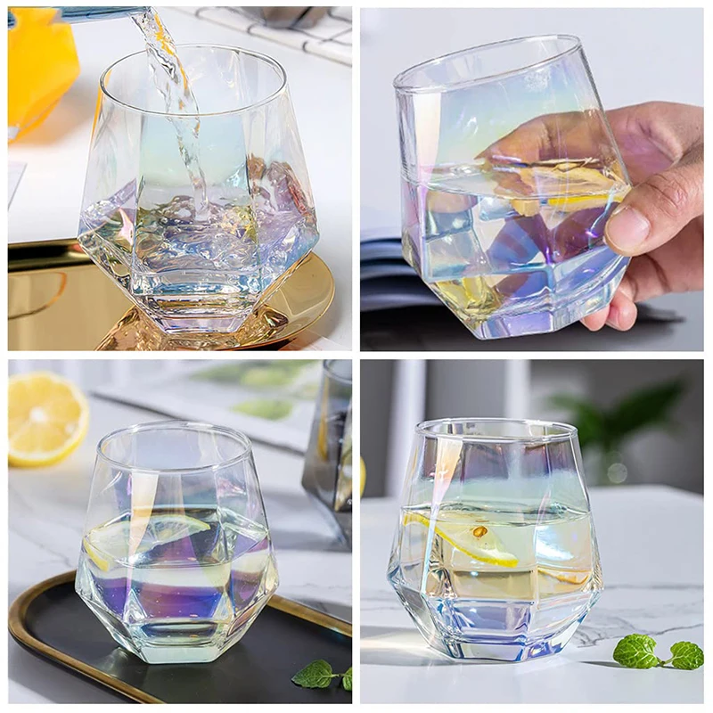 Crystal Glass Spirit Bourbon Cognac Scotch Cocktails Whiskey Glass 10oz Rainbow Diamond Stemless Wine Glasses Set for Wedding