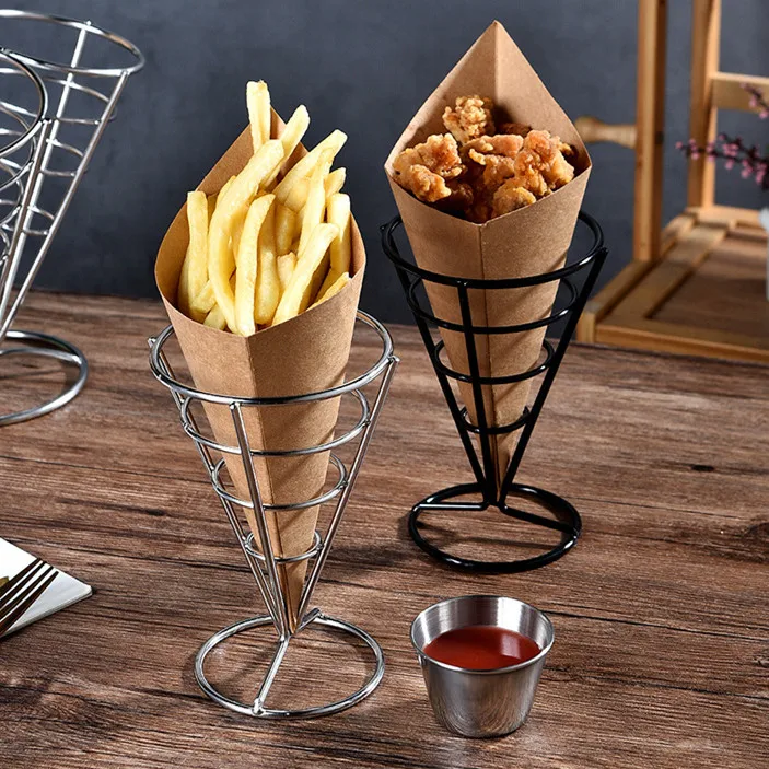 Metal Wire Kitchen Accessories French Fries Stand with Sauce Dippers Potato Chips Snack Holder Colanders & Strainers