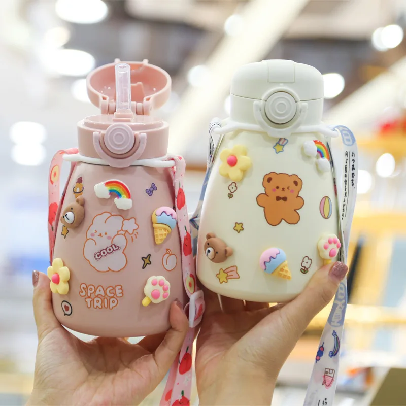 2021 Ins Stock Custom Large Capacity Drinking double wall Stainless Steel Kids Thermos Vacuum Flasks with Straw