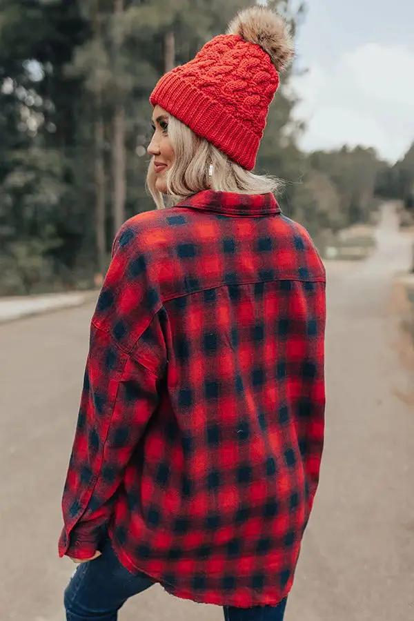 Women Red Plaid Polyester Cotton Flannel Shirt Flap Pocket Casual Drop Shoulder Shirt Jacket