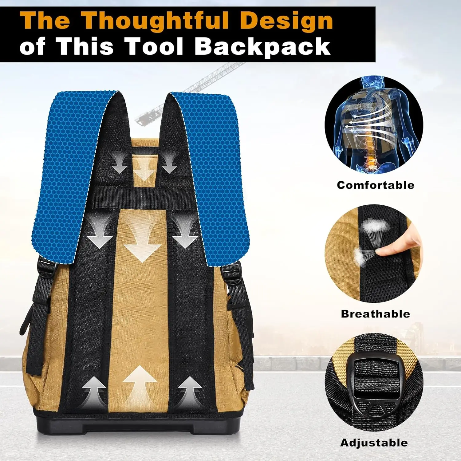 Heavy Duty Tool Bag Backpack with Waterproof Molded Base Electrician Work Pack Hand Tools Multi Pockets Tool Storage Organizer