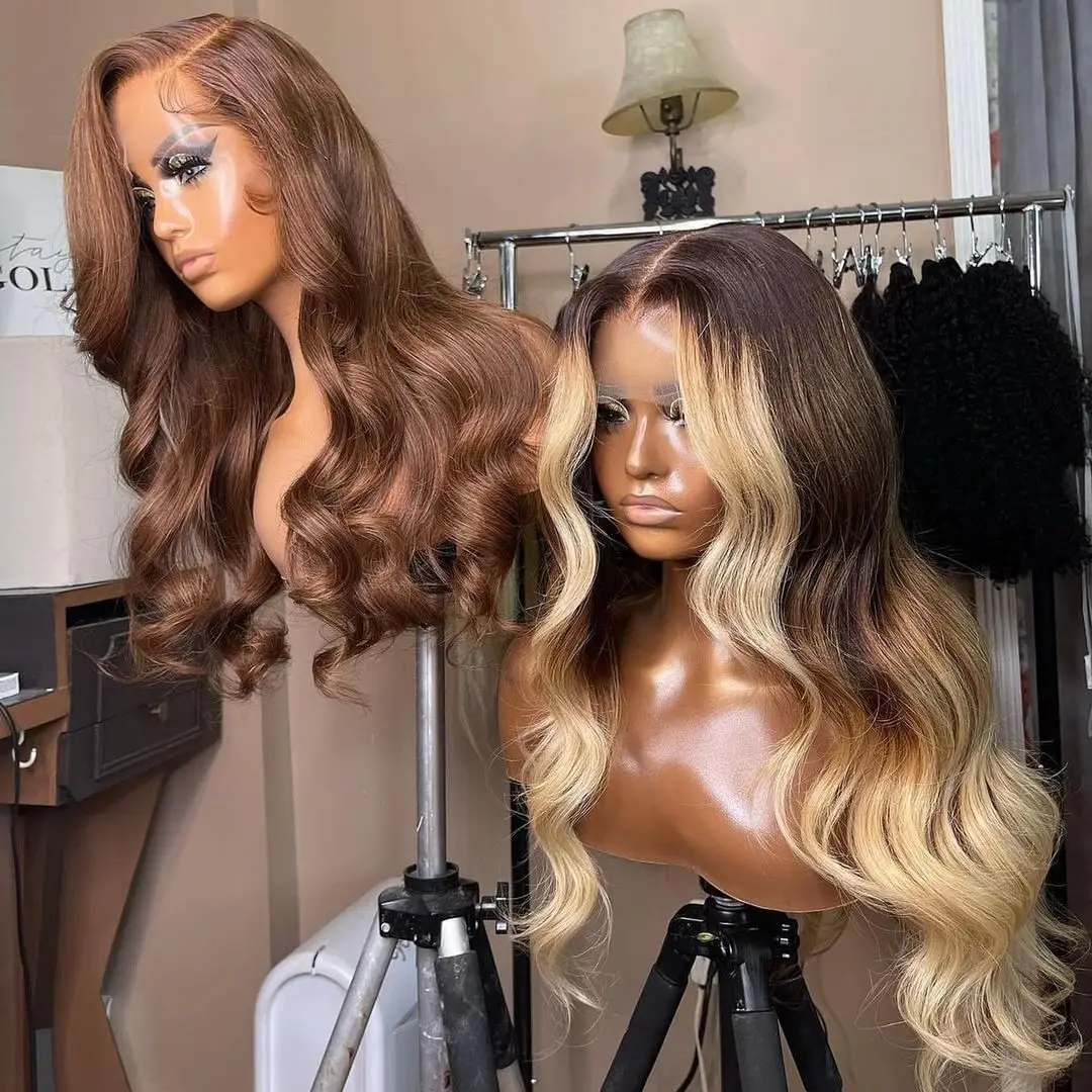 Hd Lace Frontal Brown Wig Honey Blonde Colored Ombre Highlight Wigs Human Hair 13x4 Transparent Front Glueless Wigs