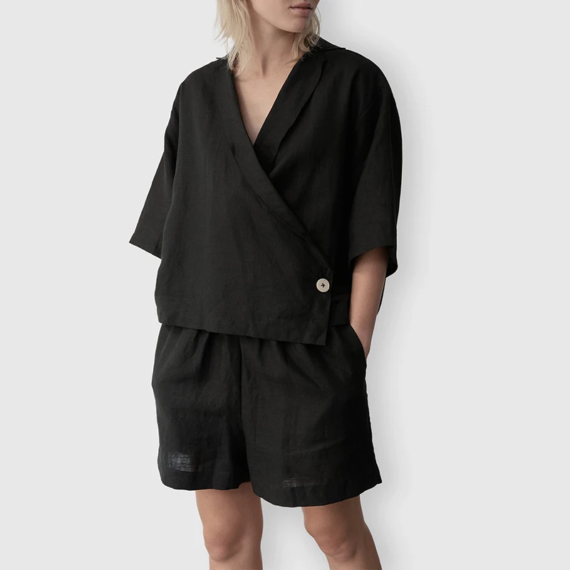 Ladies 2 Piece Outfits Wrap Shirts Oversized Kimono Casual Loose Shorts Cozy Homewear Manufacturer Linen Loungewear Set Women
