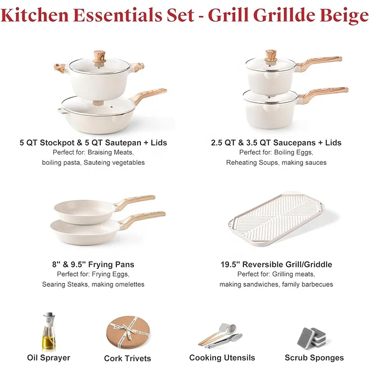 Nonstick Granite Stone Cookware Sets, Induction casseroles & Saucepan & Frying Pans for Cooking, PFOS PFOA Free, Grill Griddle