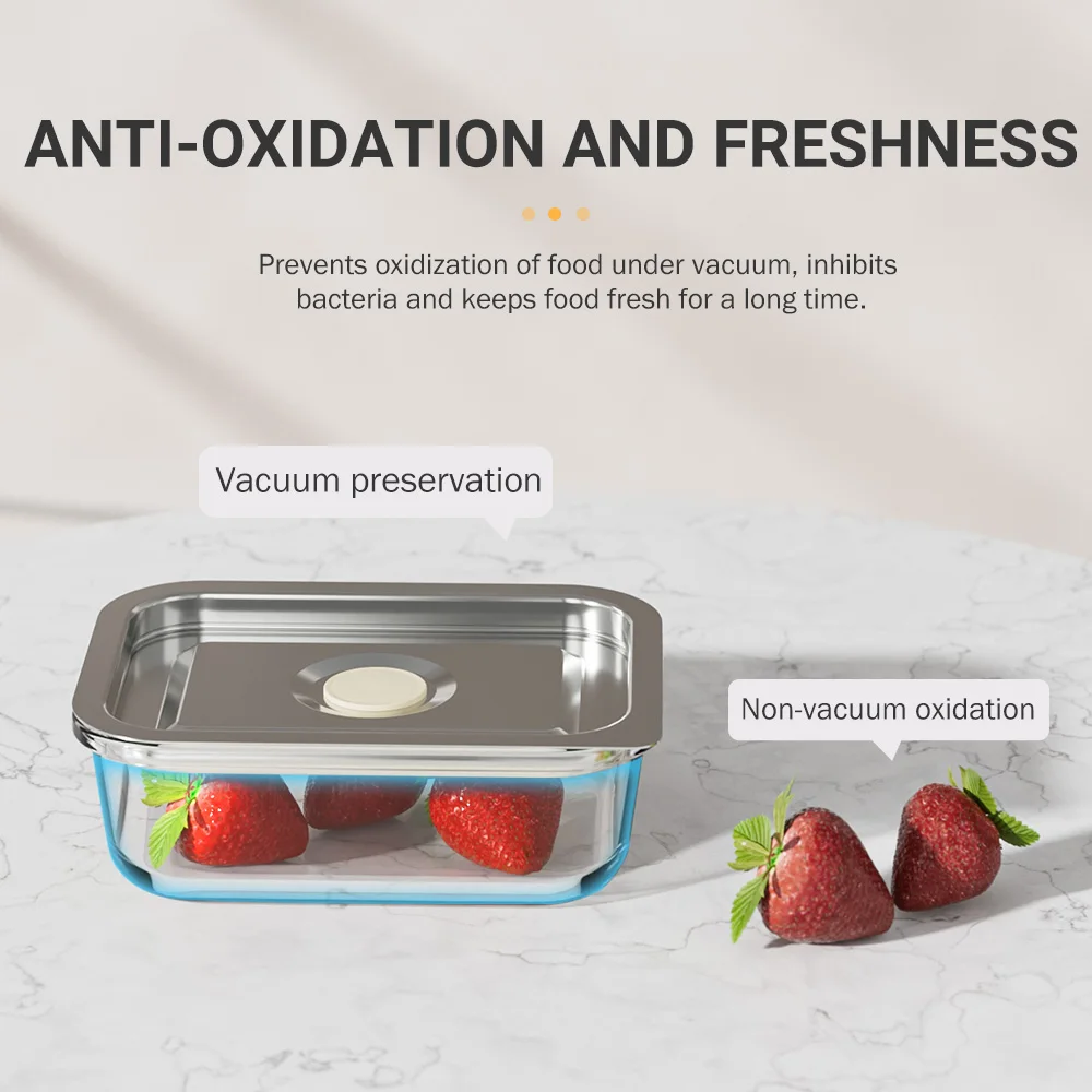 Glass Lunch Bento Boxes with Vacuum Pump Steel Lids for Microwave Dishwasher Refrigerator Safe Leakproof Meal-Prep Containers