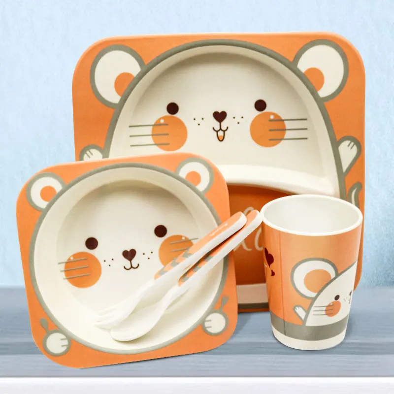 Manufacture Factory Melamine Children Dinner Set 5 Pcs Cute Milk Cow Reusable Unbreakable Bamboo Fiber Dinnerware Plate Bowl Cup