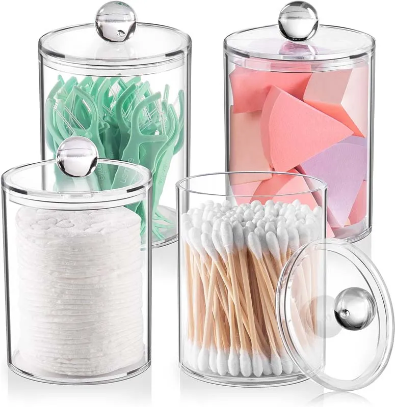 AMZ Hotselling 10 oz Clear 4 Pack Qtip Holder Storage Canister for Cotton Ball Cotton Swab Pads