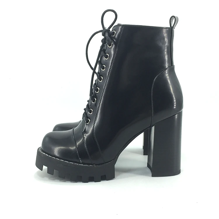Block Heels Custom Dress Shoes Lace Up Shiny Black Patent Pu Leather Sexy Chunky Heel Platform Clear High Heel Boots