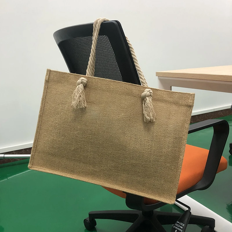 Portable Burlap Jute Shopping Bag Handbag Bamboo Loop Handles Tote Retro DIY Bag Handbag Women Big Size Beach Bag For Girls