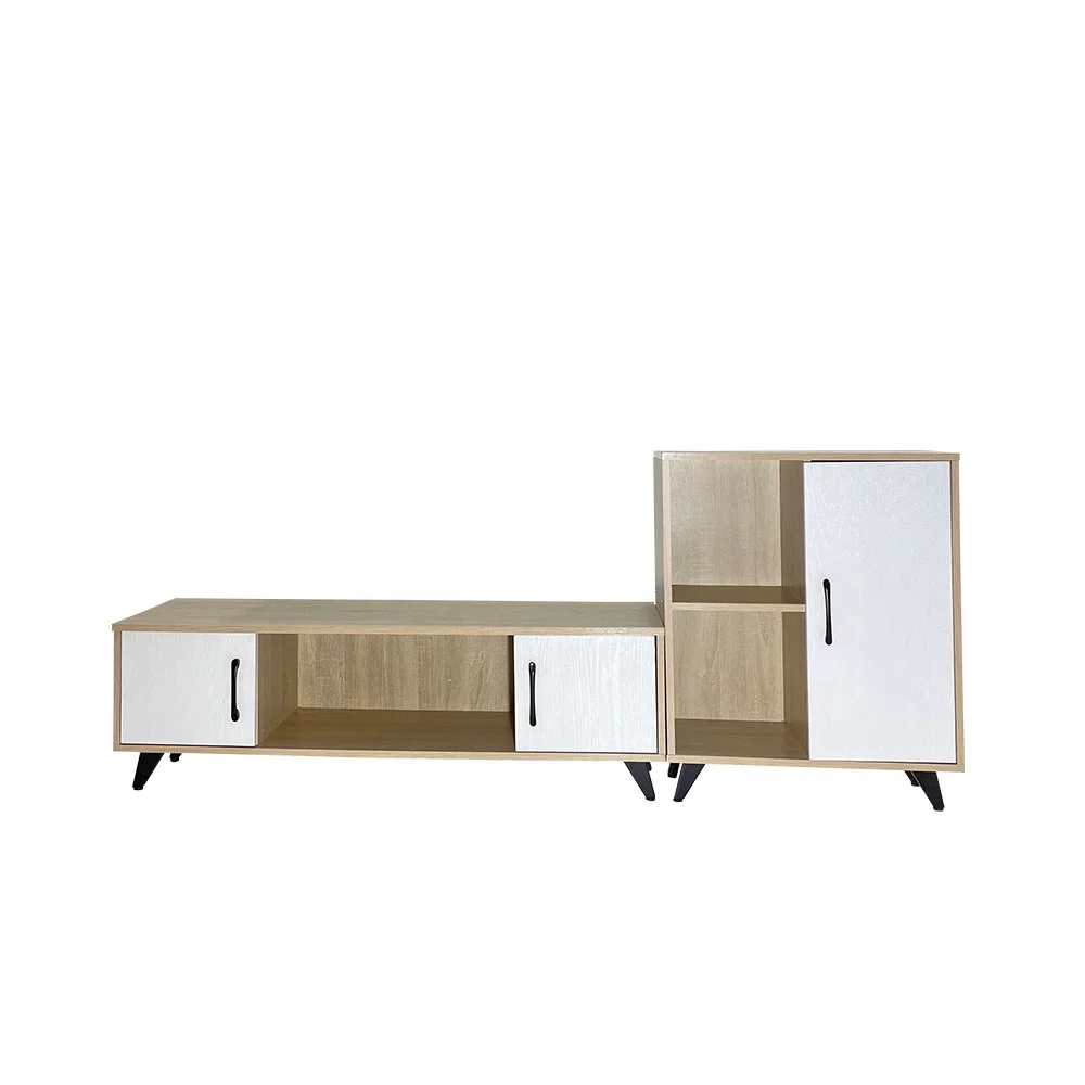 YUKAI TV Stand Media Console with Wooden Frame and Cabinet Doors, White/ Oak YK-09