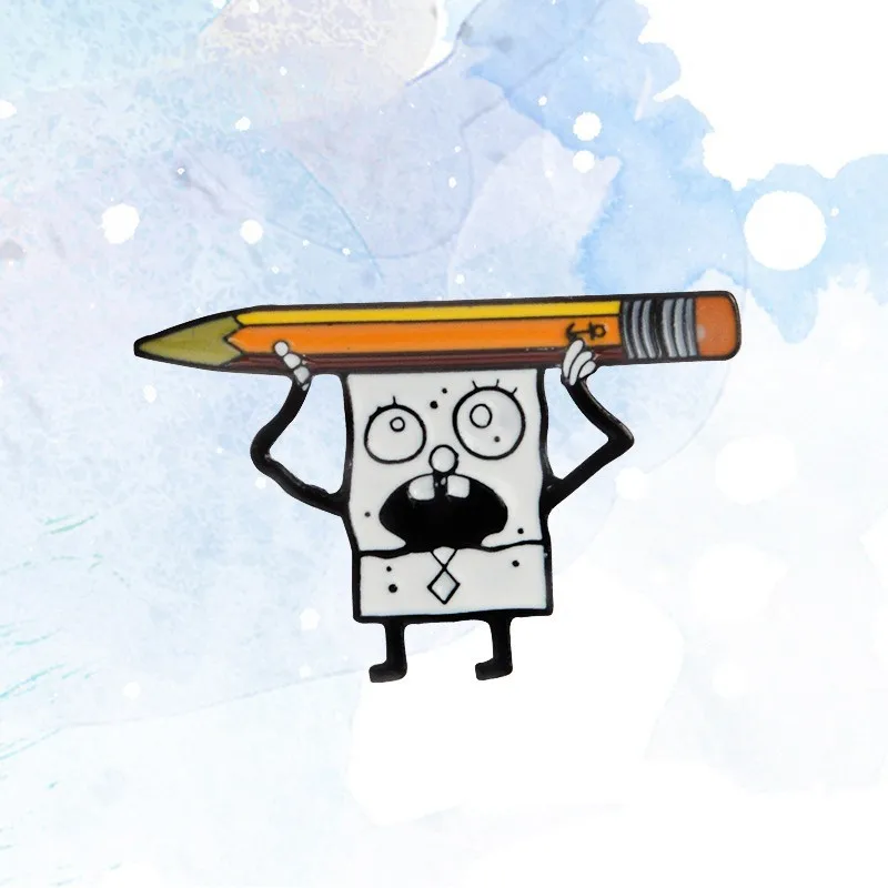Creative New SpongeBob SquarePants Holding Pencil Cartoon Funny Alloy Drip Oil Metal Badge Drip Oil Badge Pin Accessories