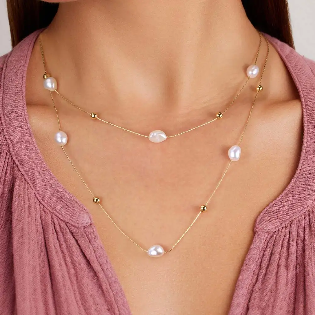 Jiangyuan 14K Gold Plated Chain Choker Pearl Necklace 925 Sterling Silver Baroque Natural Freshwater Pearl Necklace