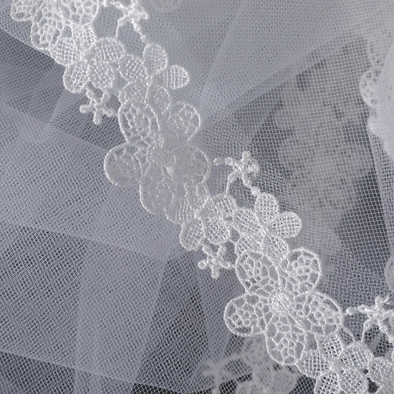 Wholesale Two-Layer Church Cathedral Long Bridal Veil Soft Tulle Embroidery Flower Wedding Veil With Comb