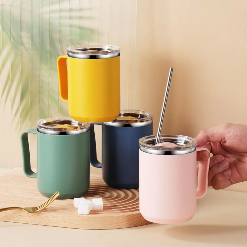Wholesale Outside Plastic Inside Stainless Steel Leakproof Coffee Mugs Portable Insulated Drinking Water Taza With Handle Lid