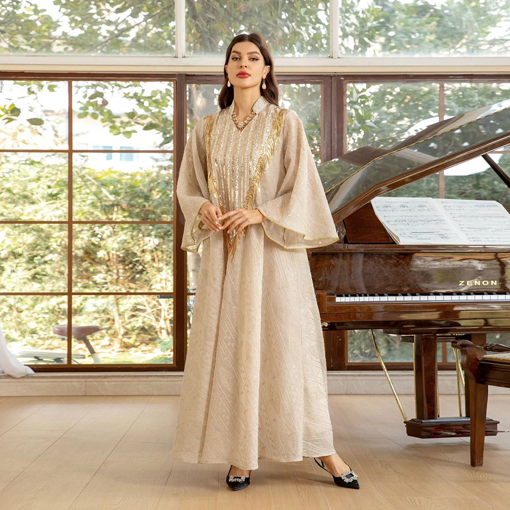 Islamic Muslim Evening Dress Arabian Dubai Mesh Embroidered Sequin Robe Jalabiya kaftan Dresses for women