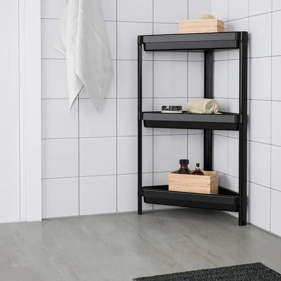 4 Tier Durable ABS Bathroom Shelving Unit with Wheels Slim 3-Tier Corner Storage Rack Platform Structure REACH Certified