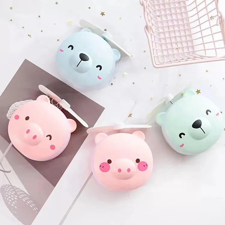 
mobile hand travel cartoon cat/pig/bear USB rechargeable mini air cooling fan LED make up mirror with light mini fan 