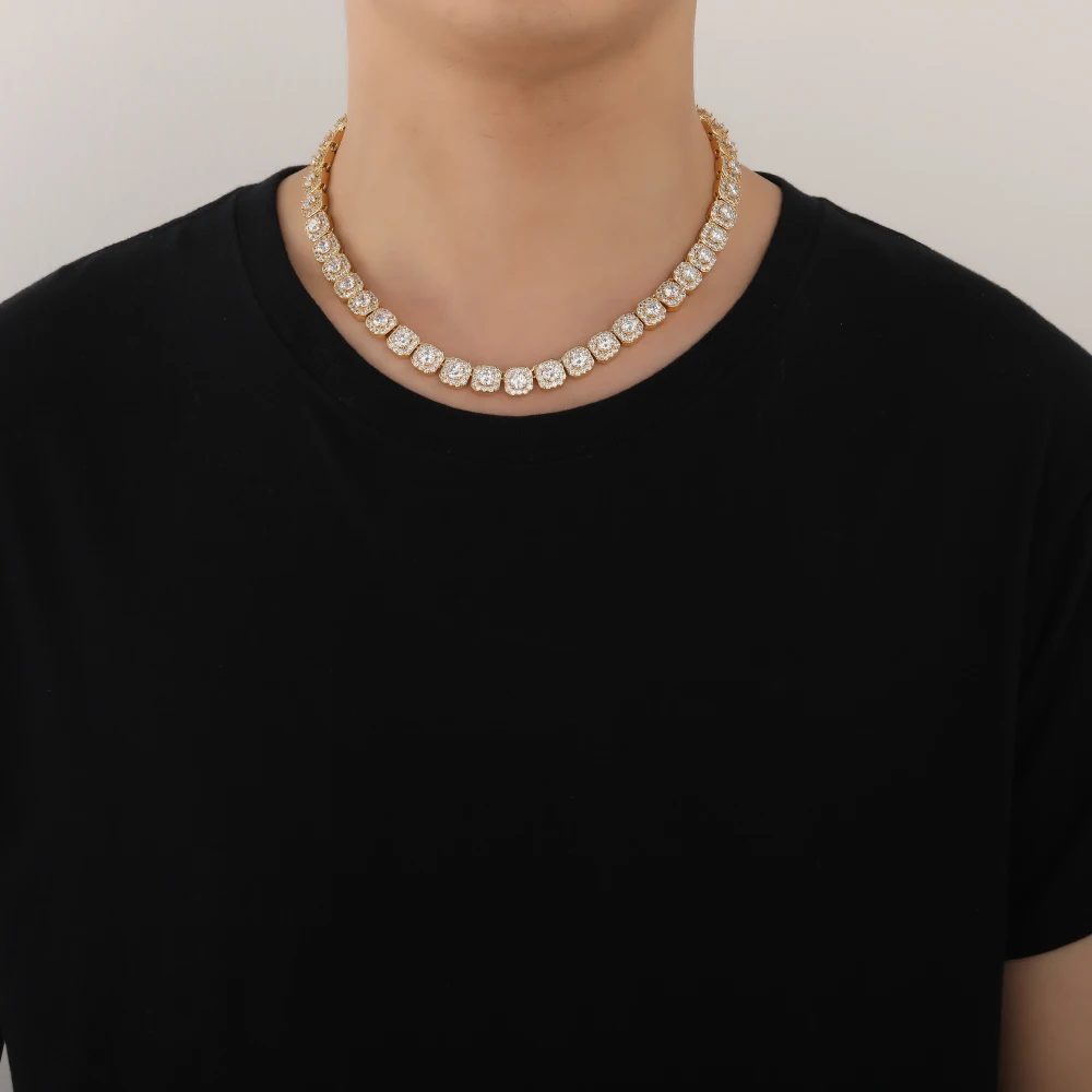 BC036 10mm Brass Setting Zircon Cuban Link Chain Necklace Gold Plated Hip Hop Bling Jewelry Gift Pearl Main Stone Iced CZ Chain