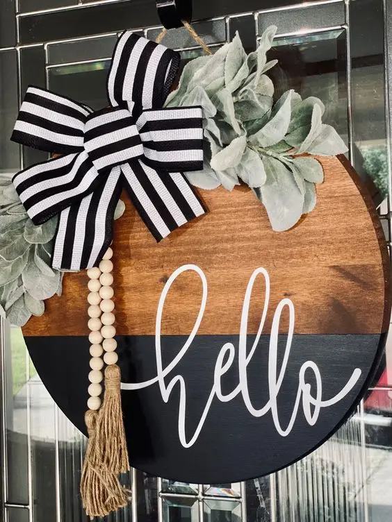 Wall Decor Wooden Rustic Welcome sign Round Wall Art hanging sign board  wood bead garland farmhouse with Tassels