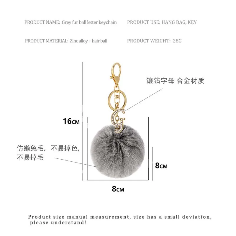 8cm popular new designs 26 English letters Keychain Faux Fur Pompon Keychain Women Rhinestone Leather faux Rabbit fur Ball