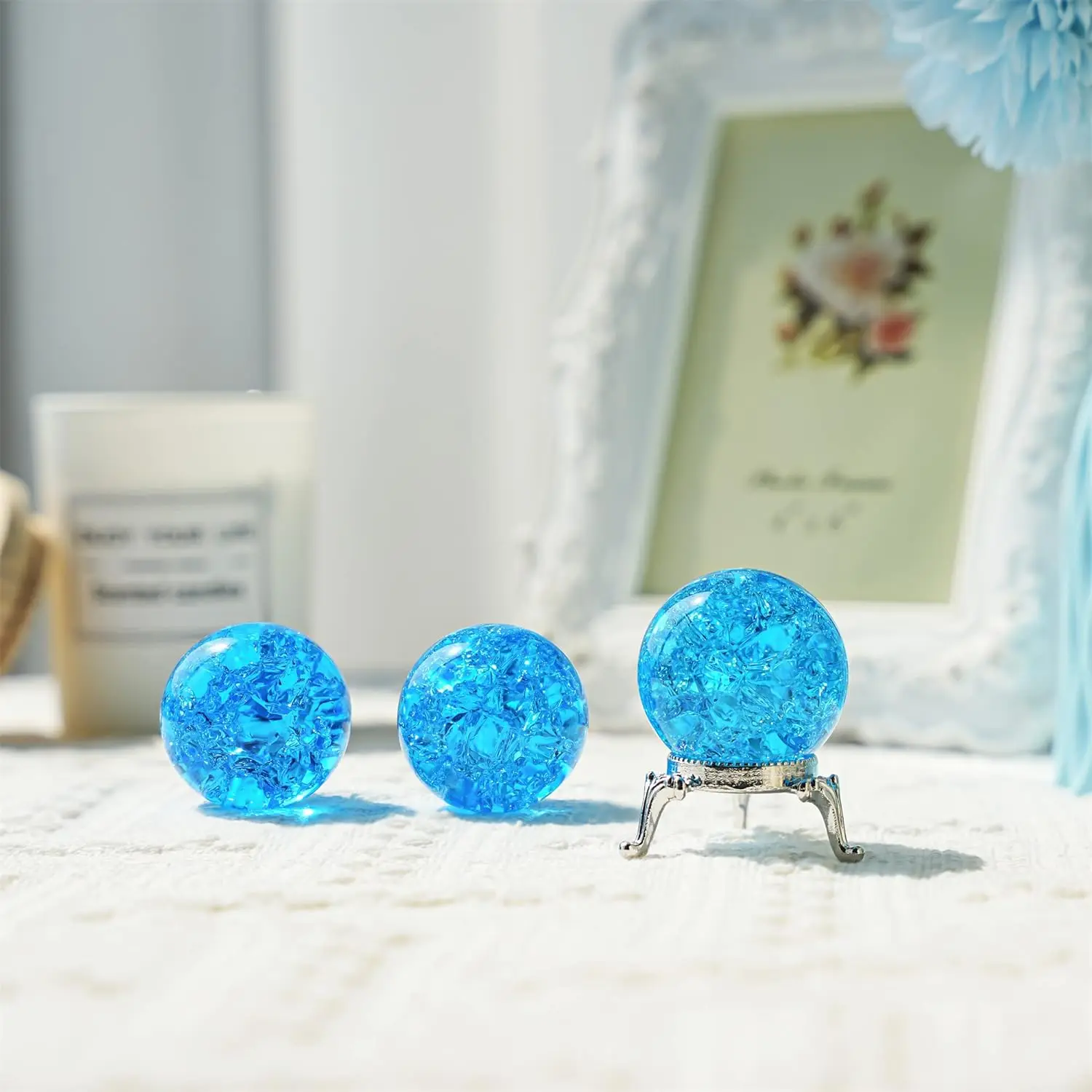 40mm Crystal Ice Cracked Ball Paperweight,Blue Glass Crystal Ball,Crystal Fengshui Sphere for Home Wedding Office Fish Tank Deco
