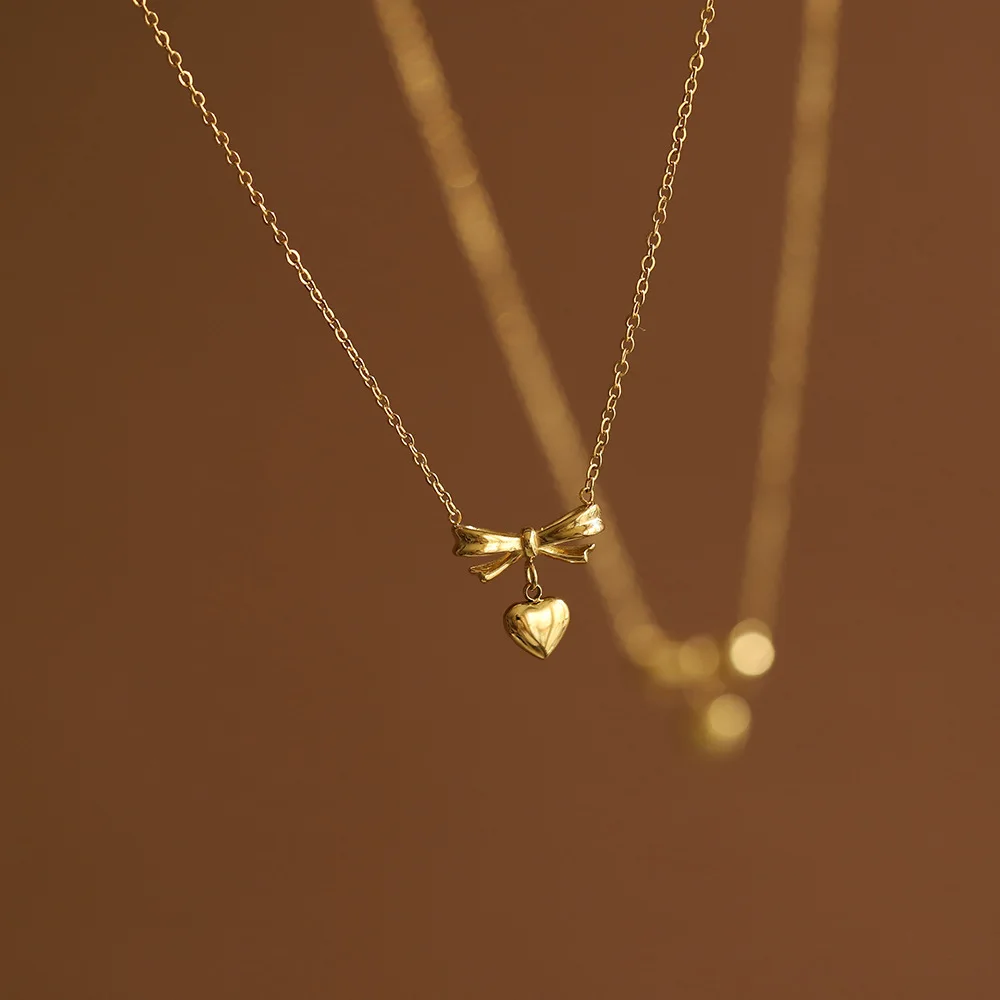 Beautiful bow heart love pendant tarnish free stainless steel sweet necklace collarbone chain 18k gold plated thin chains