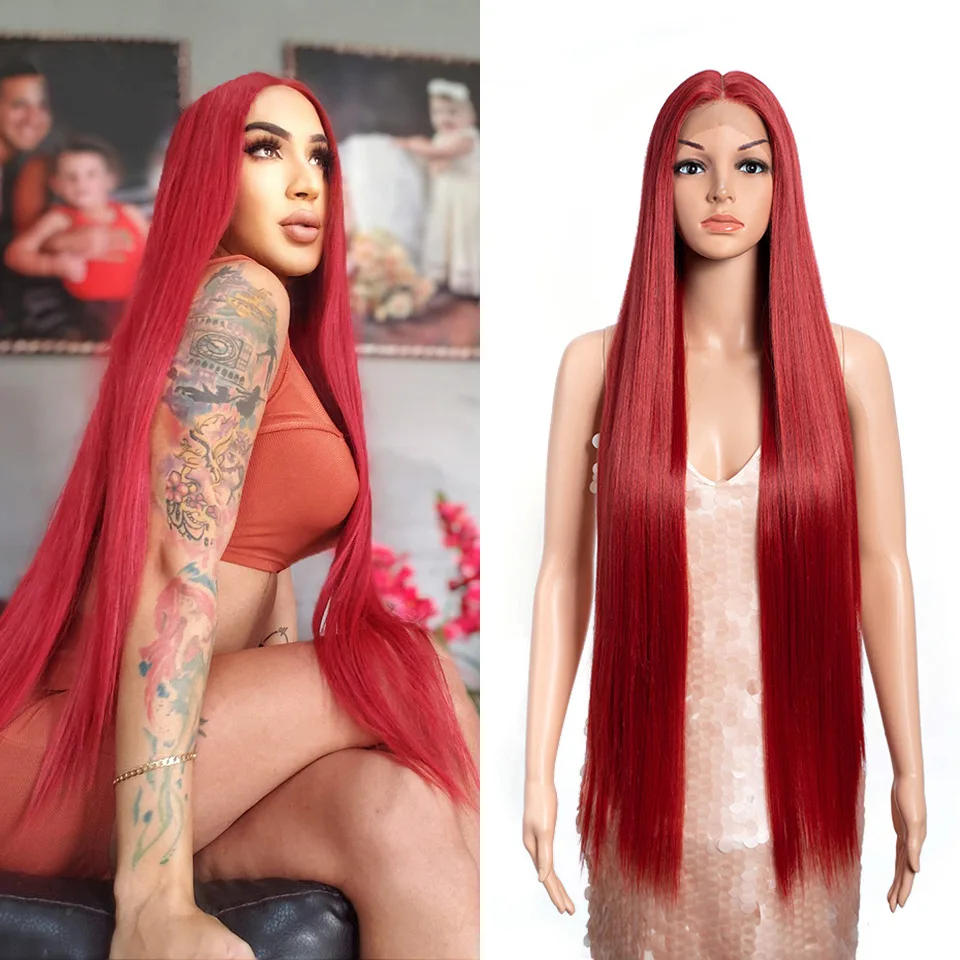 Cheap Wholesale Premium High Quality Semi Pre Plucked Synthetic Frontal Straight Lace Front Synthetic Wigs Heat Resistant