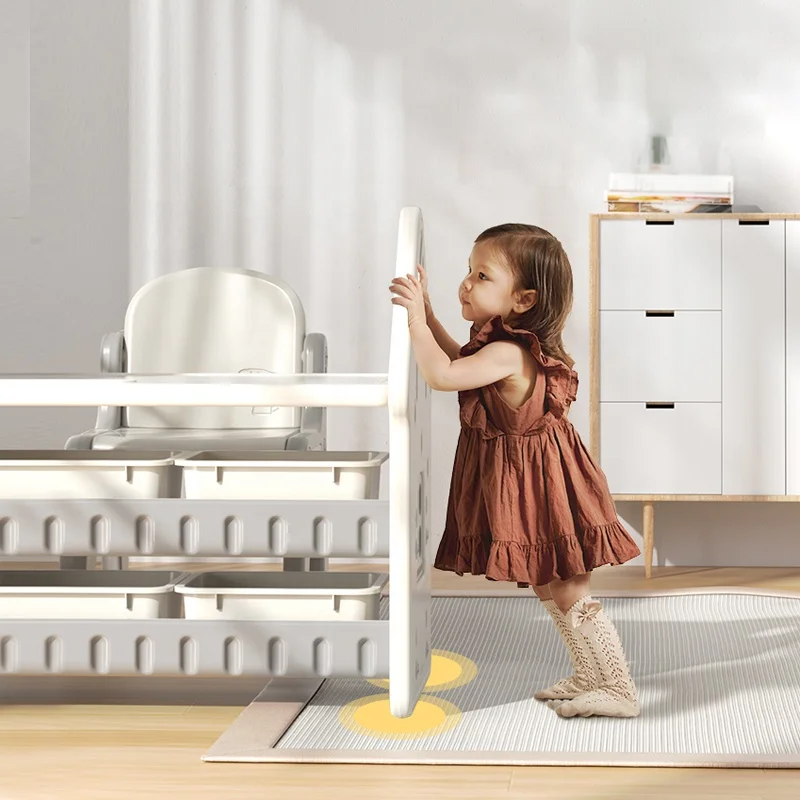 Multifunctional plastic kids toy storage bookshelf and study desk table with drawing board