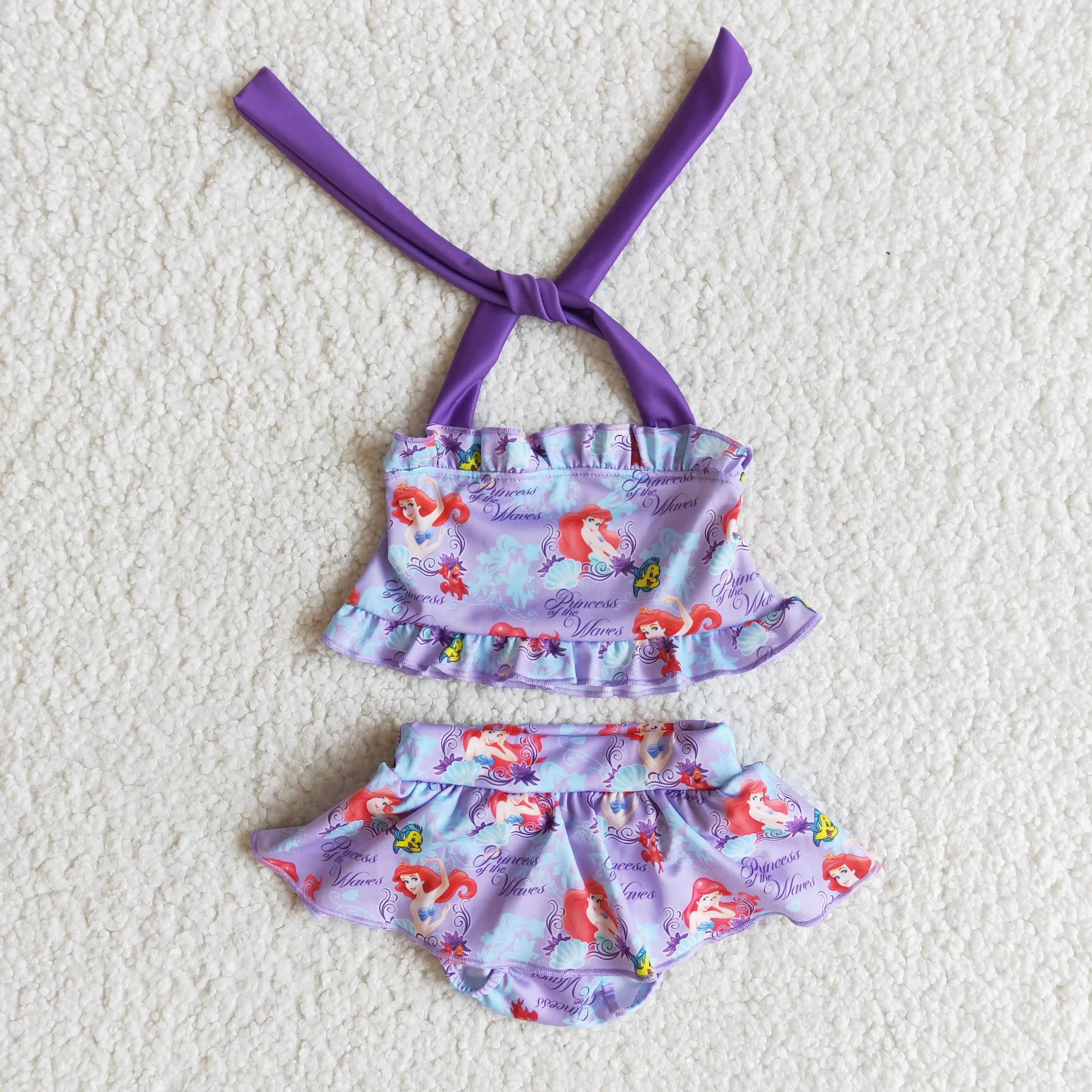 Boutique mermaid cartoon princess purple stripe miniskirt kids girls  clothing swimsuits swimwear