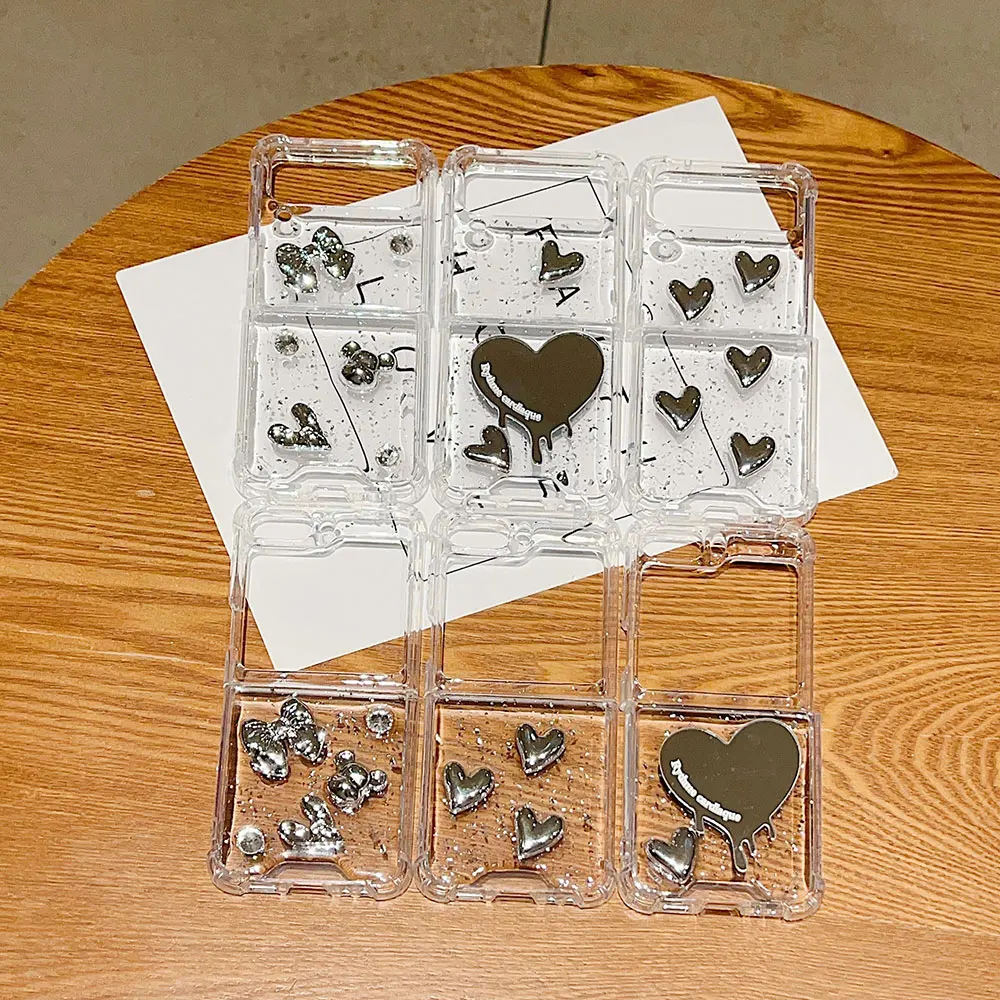 Laudtec SJK195 Electroplate Glitter Clear Love Heart Phone Case For Galaxy Z Flip5 Flip4 Flip3 5G Flip
