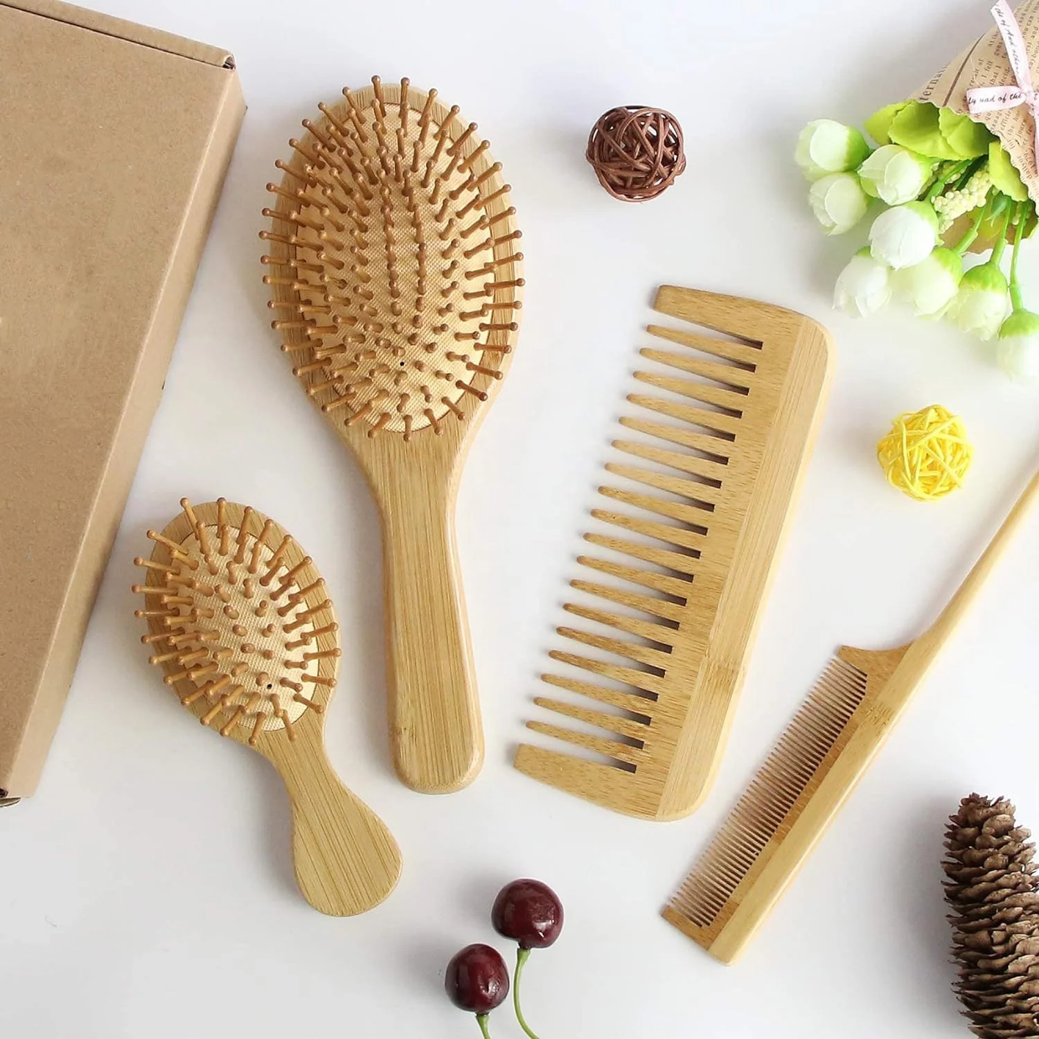 Wide Tooth Scalp Natural Custom Logo Bamboo Wood Bristle Round Detangler Hair Brush Self-Cleaning Massage Hairbrush And Comb Set