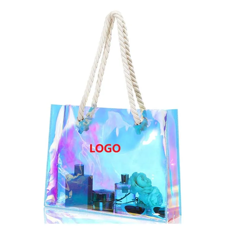 Custom logo plastic cute transparent waterproof neon candy color PVC beach gift shopping tote bag