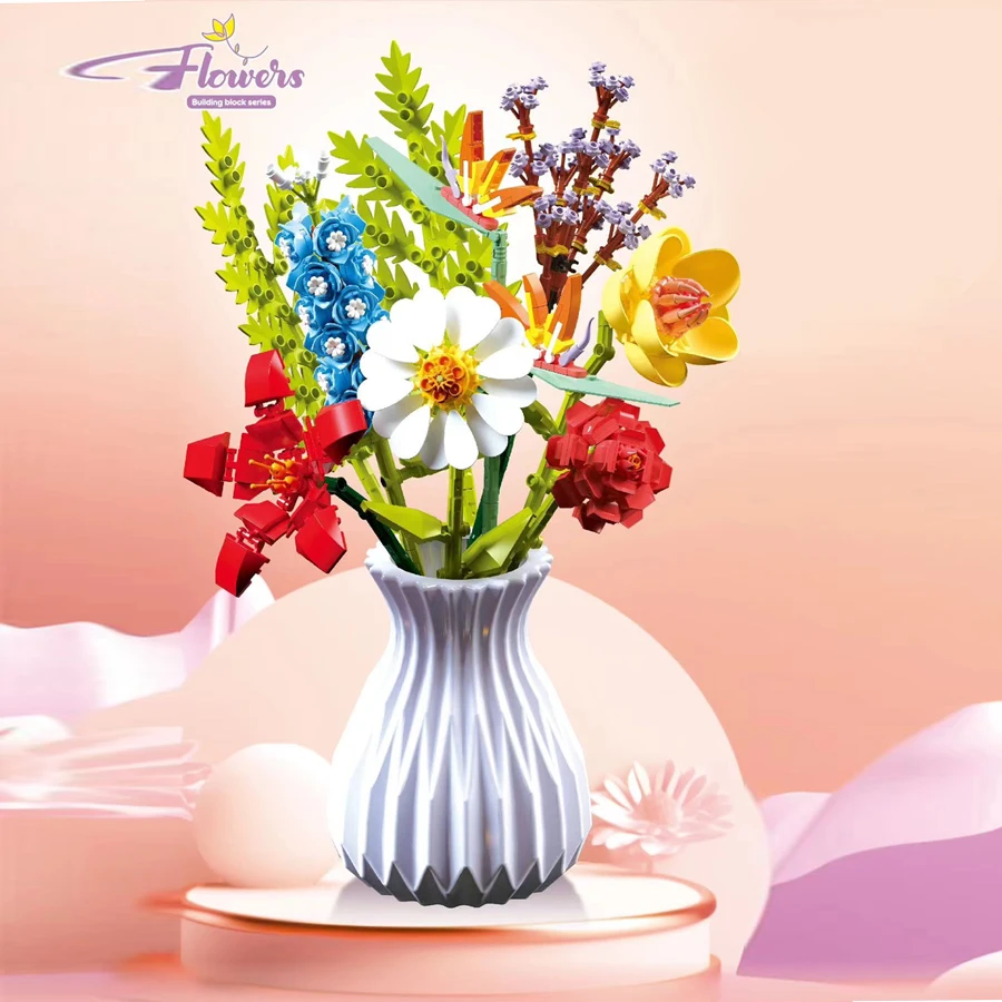 Eternal Decorative Bouquets Plastic Flowers Calendula & Kapok Series With Vase Gift Flower Bouquet Building Block Sets Flower