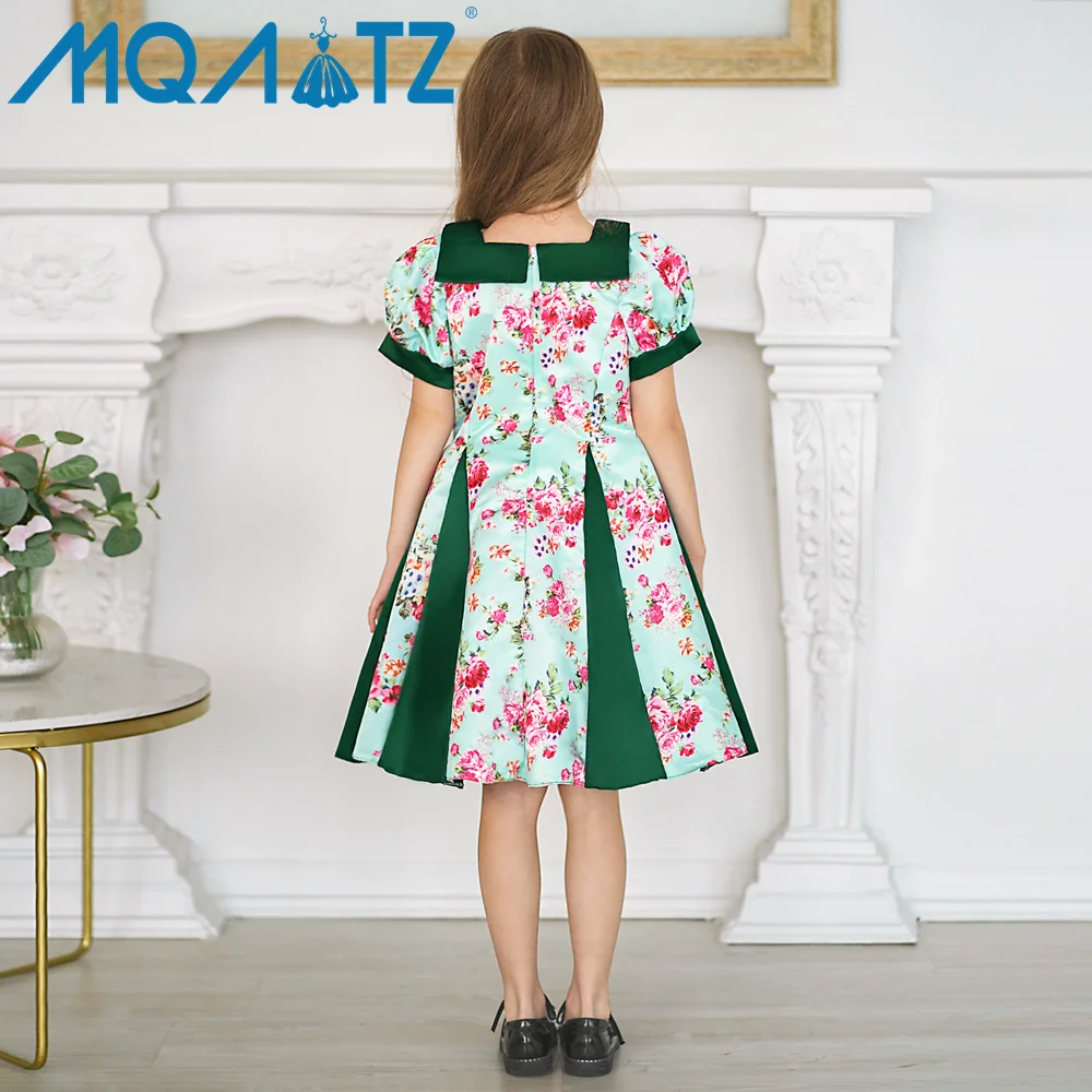 MQATZ latest design short sleeve green 5-8 year flower printed dress collar elegant frocks with free bag L5510